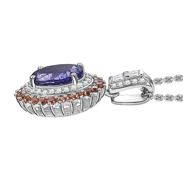 Shop Lc Luxoro AAA Tanzanite Padparadscha Sapphire (BT) And Diamond 2.50 Ctw Double Halo Pendant Necklace In 10K White Gold 20 Inches