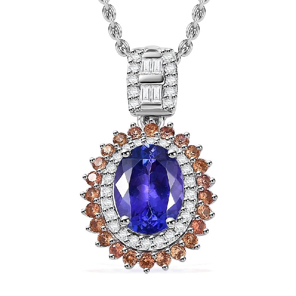shop lc Luxoro AAA Tanzanite Padparadscha Sapphire (BT) and Diamond 2.50 ctw Double Halo Pendant Necklace in 10K White Gold 20 Inches