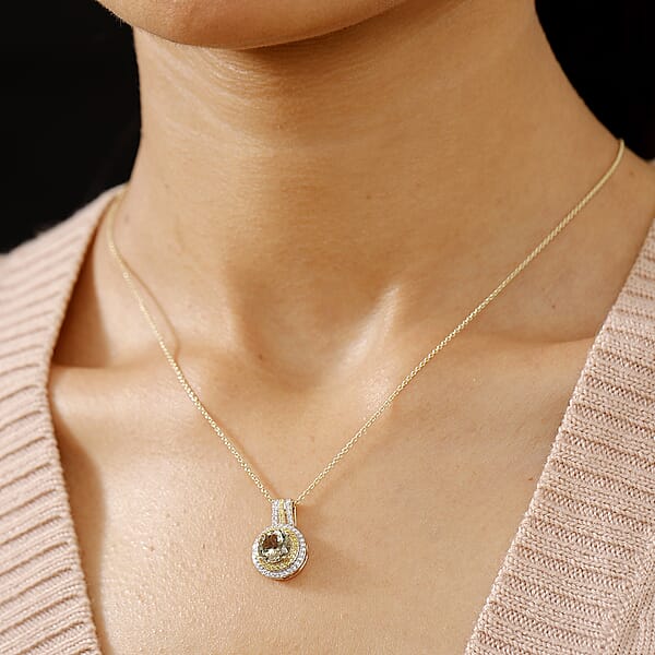 Shop Lc Luxoro AAA Turkizite Natural Yellow And White Diamond 2.90 Ctw Double Halo Pendant Necklace In 10K Yellow Gold 20 Inches