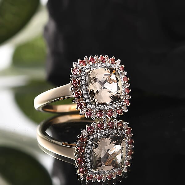 Shop Lc Luxoro AAA Turkizite Padparadscha Sapphire And I2 Diamond 3.10 Ctw Sunshine Ring In 10K Yellow Gold