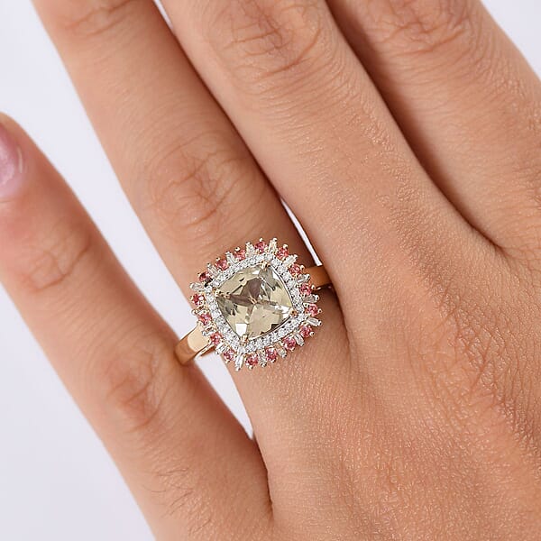 Shop Lc Luxoro AAA Turkizite Padparadscha Sapphire And I2 Diamond 3.10 Ctw Sunshine Ring In 10K Yellow Gold