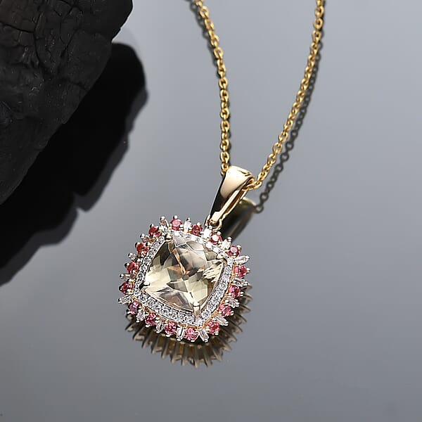 Shop Lc Luxoro AAA Turkizite Padparadscha Sapphire And I2 Diamond 3.10 Ctcw Sunshine Pendant Necklace 20 Inches In 10K Yellow Gold