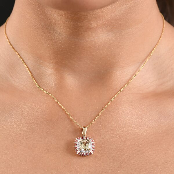 Shop Lc Luxoro AAA Turkizite Padparadscha Sapphire And I2 Diamond 3.10 Ctcw Sunshine Pendant Necklace 20 Inches In 10K Yellow Gold