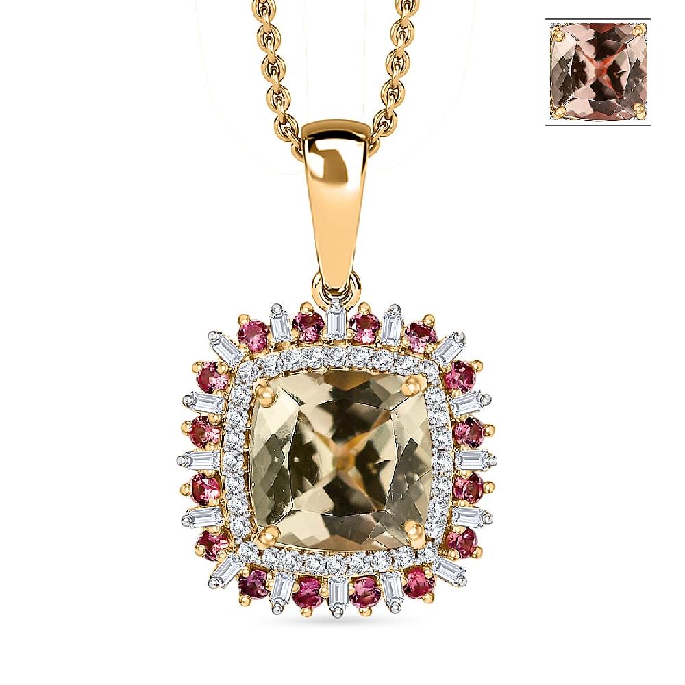 shop lc Luxoro AAA Turkizite Padparadscha Sapphire and I2 Diamond 3.10 ctcw Sunshine Pendant Necklace 20 Inches in 10K Yellow Gold