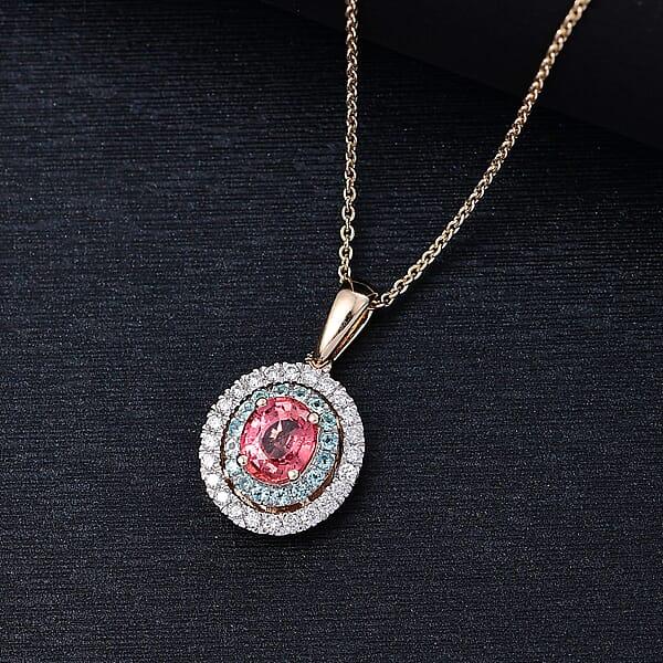 Shop Lc Luxoro AAAA Padparadscha Sapphire Paraiba Tourmaline And Diamond Pendant Necklace In 14K Yellow Gold 1.65 Ctw (20 Inches)