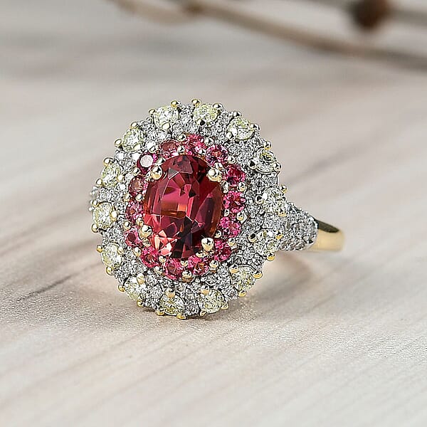 Shop Lc Luxoro AAAA Rubellite Natural Diamond Ring In 14K Yellow Gold 2.65 Ctw