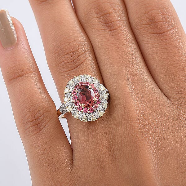 Shop Lc Luxoro AAAA Rubellite Natural Diamond Ring In 14K Yellow Gold 2.65 Ctw