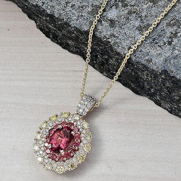 Shop Lc Luxoro AAAA Rubellite Natural Yellow And White Diamond 2.65 Ctw Empress Flame Pendant Necklace In 14K Yellow Gold 20 Inches