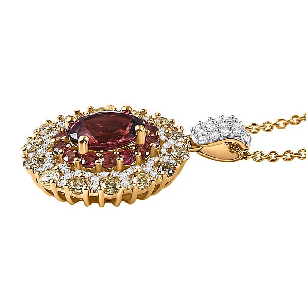 Shop Lc Luxoro AAAA Rubellite Natural Yellow And White Diamond 2.65 Ctw Empress Flame Pendant Necklace In 14K Yellow Gold 20 Inches