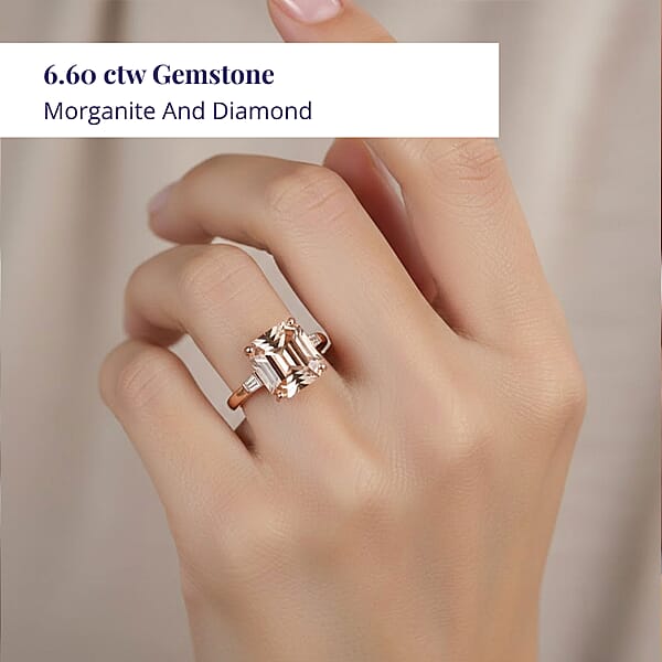 Shop Lc Luxoro Asscher Cut AAA Marropino Morganite And I3 Diamond 6.60 Ctw Ring In 14K Rose Gold 5.60 Grams