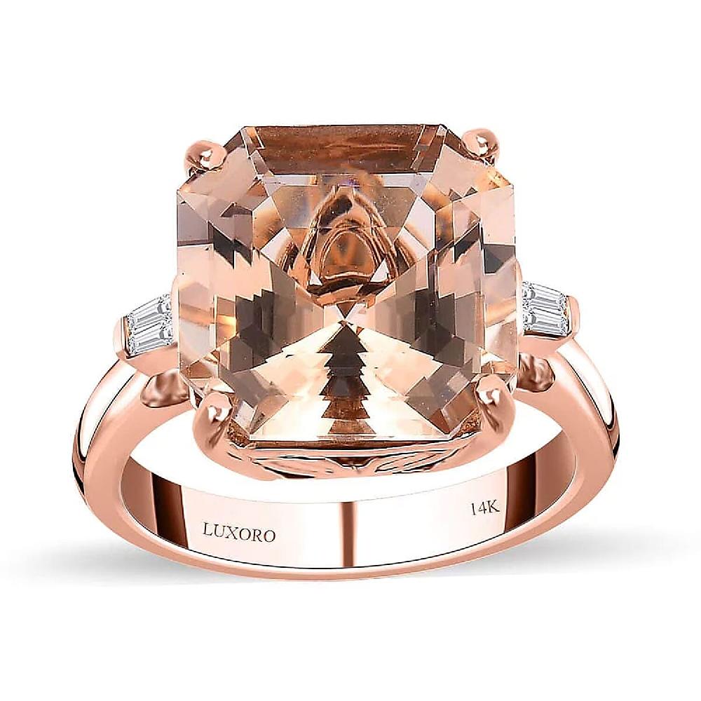 shop lc Luxoro Asscher Cut AAA Marropino Morganite and I3 Diamond 6.60 ctw Ring in 14K Rose Gold 5.60 Grams