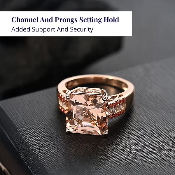Shop Lc Luxoro Asscher Cut AAA Marropino Morganite Padparadscha Sapphire And I2 Diamond 6.20 Ctw Desert Rose Ring In 14K Rose Gold