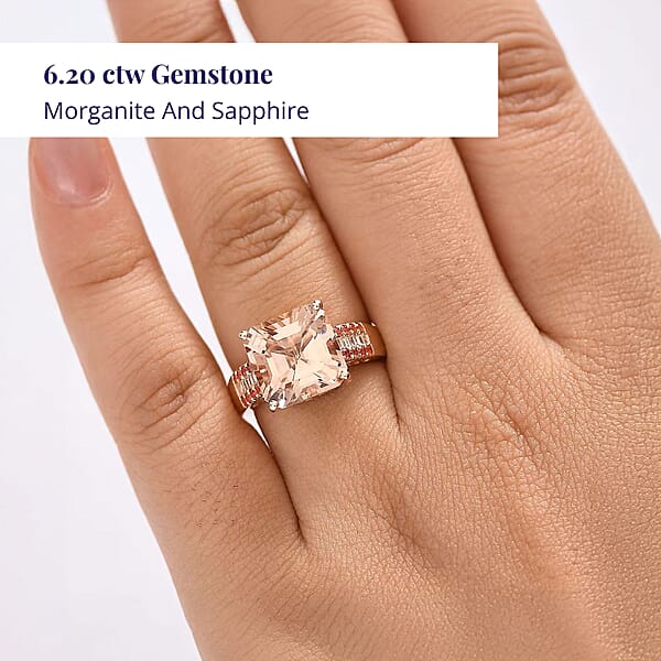 Shop Lc Luxoro Asscher Cut AAA Marropino Morganite Padparadscha Sapphire And I2 Diamond 6.20 Ctw Desert Rose Ring In 14K Rose Gold