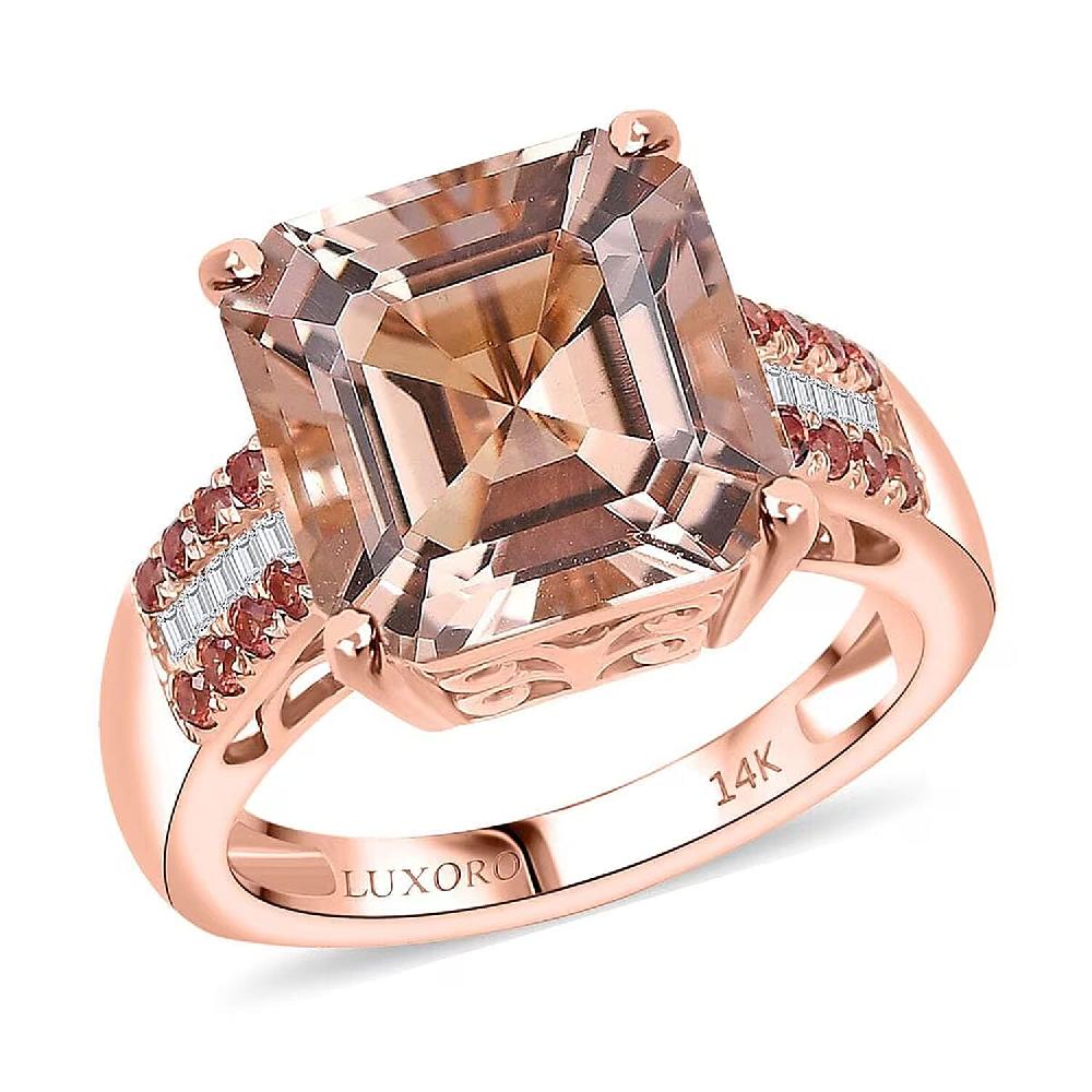 shop lc Luxoro Asscher Cut AAA Marropino Morganite Padparadscha Sapphire and I2 Diamond 6.20 ctw Desert Rose Ring in 14K Rose Gold