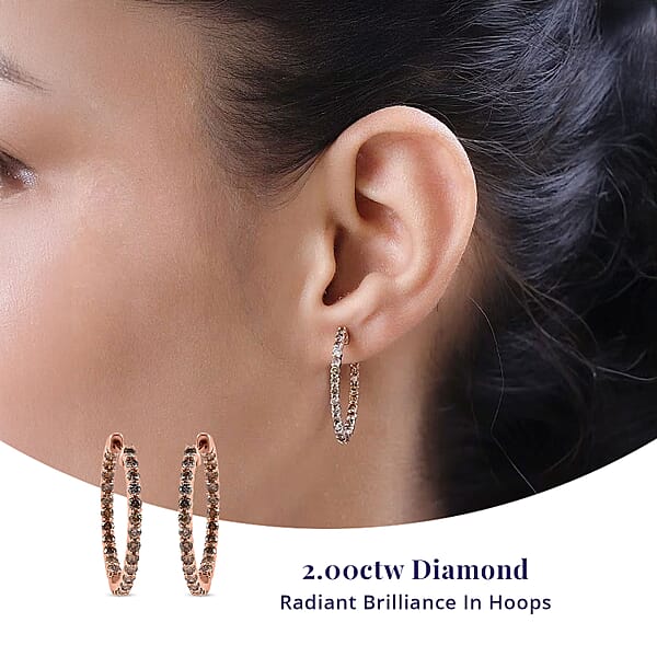 Shop Lc Luxoro Natural Champagne Diamond I3 2.00 Ctw Inside Out Hoop Earrings In 10K Rose Gold