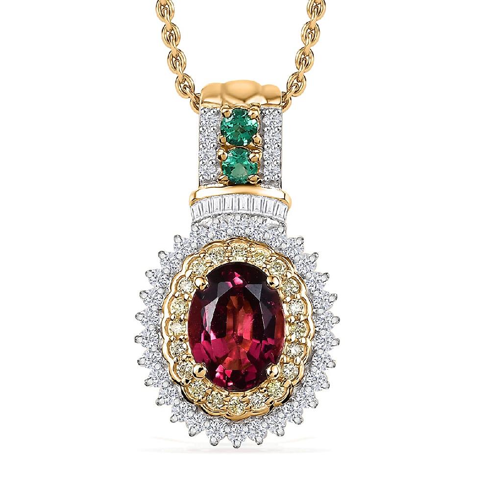 shop lc Luxoro Ouro Fino Rubellite Colombian Emerald Natural Yellow and White Diamond I2 1.85 ctw Pendant Necklace in 10K Yellow Gold 20 Inches