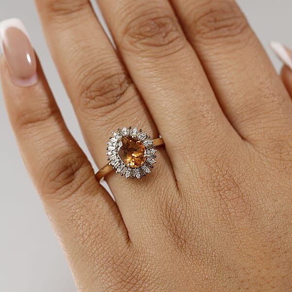 Shop Lc Luxoro Premium Calabar Imperial Tourmaline Natural Champagne And White Diamond I2 2.10 Ctw Sunburst Ring In 14K Yellow Gold