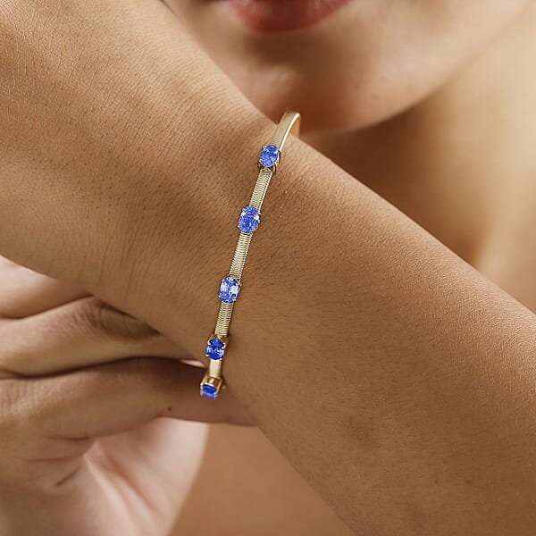 Shop Lc Luxoro Premium Ceylon Blue Sapphire 2.85 Ctw Cuff Bracelet In 10K Yellow Gold (7.25 In)