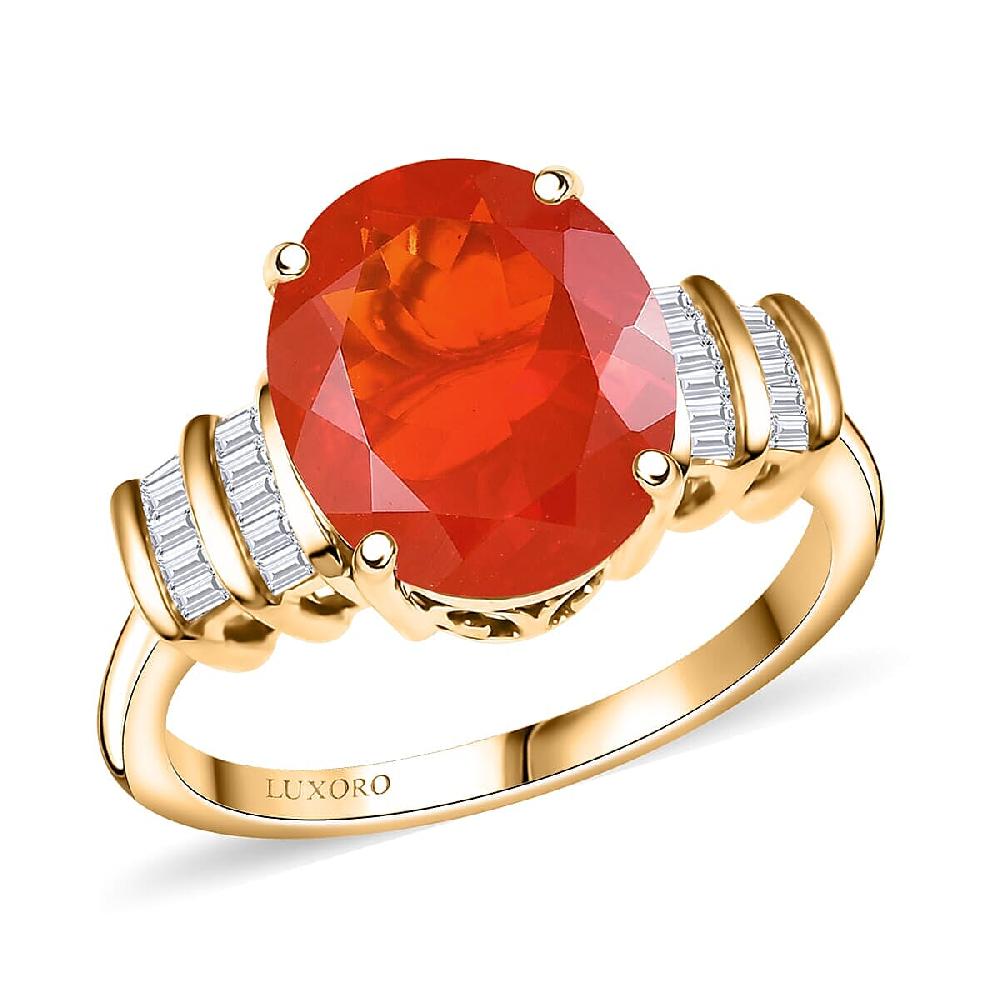 shop lc Luxoro Premium Crimson Fire Opal and I2 Diamond 3.45 ctw Dawnfire Ring in 10K Yellow Gold
