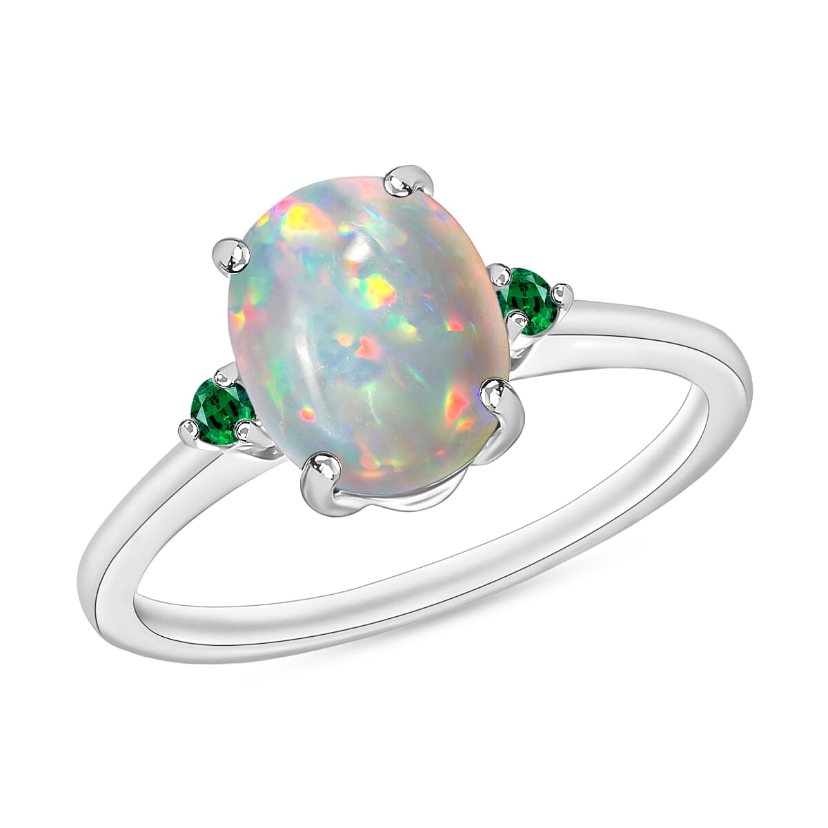 shop lc Luxoro Premium Ethiopian Welo Opal and Boyaca Colombian Emerald 1.30 ctw Ring in 14K White Gold 4 Grams (Del. in 10-12 Days)
