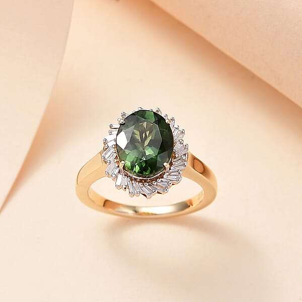 Shop Lc Luxoro Premium Madagascar Green Apatite And G-H I2 Diamond 3.15 Ctw Verdant Blossom Ring In 10K Yellow Gold 4.30 Grams