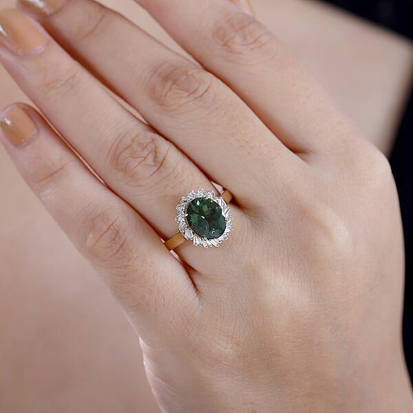 Shop Lc Luxoro Premium Madagascar Green Apatite And G-H I2 Diamond 3.15 Ctw Verdant Blossom Ring In 10K Yellow Gold 4.30 Grams