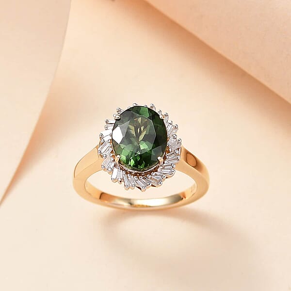 Shop Lc Luxoro Premium Madagascar Green Apatite And G-H I2 Diamond 3.15 Ctw Verdant Blossom Ring In 10K Yellow Gold 4.30 Grams