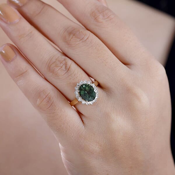 Shop Lc Luxoro Premium Madagascar Green Apatite And G-H I2 Diamond 3.15 Ctw Verdant Blossom Ring In 10K Yellow Gold 4.30 Grams