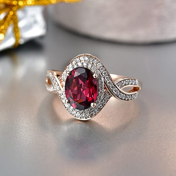 Shop Lc Luxoro Premium Malawi Magenta Garnet And Diamond I2 2.50 Ctw Love Wave Ring In 10K Rose Gold (Size 10.0) 4.30 Grams