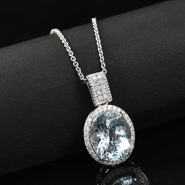 Shop Lc Luxoro Premium Mangoro Aquamarine And Diamond I2 3.20 Ctw Lotus Flower Pendant Necklace In 10K White Gold 20 Inches