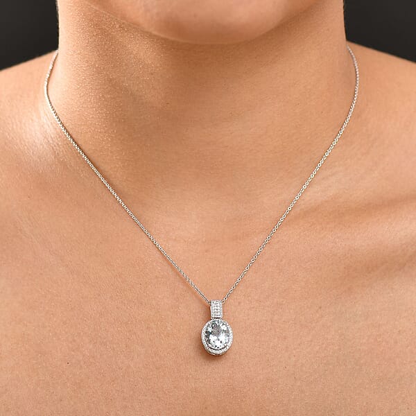 Shop Lc Luxoro Premium Mangoro Aquamarine And Diamond I2 3.20 Ctw Lotus Flower Pendant Necklace In 10K White Gold 20 Inches