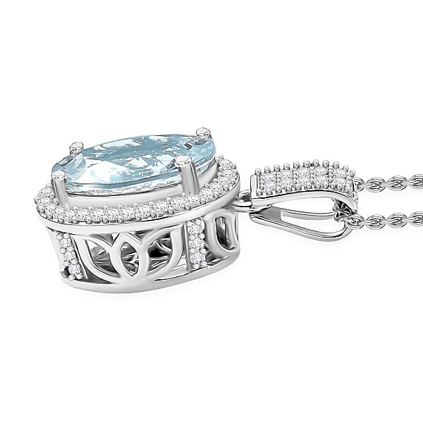 Shop Lc Luxoro Premium Mangoro Aquamarine And Diamond I2 3.20 Ctw Lotus Flower Pendant Necklace In 10K White Gold 20 Inches