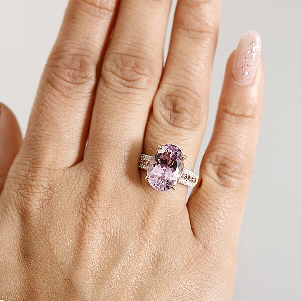 Shop Lc Luxoro Premium Martha Rocha Kunzite Madagascar Pink Sapphire And Diamond I2 7.80 Ctw Ring In 10K Yellow Gold