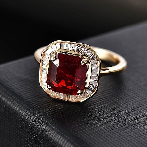Shop Lc Luxoro Premium Mexican Cherry Fire Opal And G-H I3 Diamond 1.90 Ctw Ring In 10K Yellow Gold