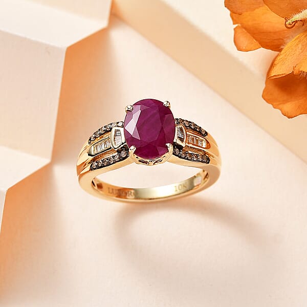 Shop Lc Luxoro Premium Montepuez Ruby And Natural Champagne And White Diamond 2.60 Ctw Ring In 10K Yellow Gold