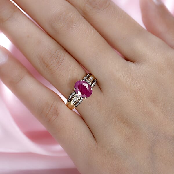 Shop Lc Luxoro Premium Montepuez Ruby And Natural Champagne And White Diamond 2.60 Ctw Ring In 10K Yellow Gold