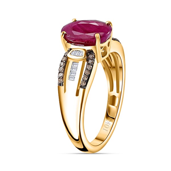 Shop Lc Luxoro Premium Montepuez Ruby And Natural Champagne And White Diamond 2.60 Ctw Ring In 10K Yellow Gold