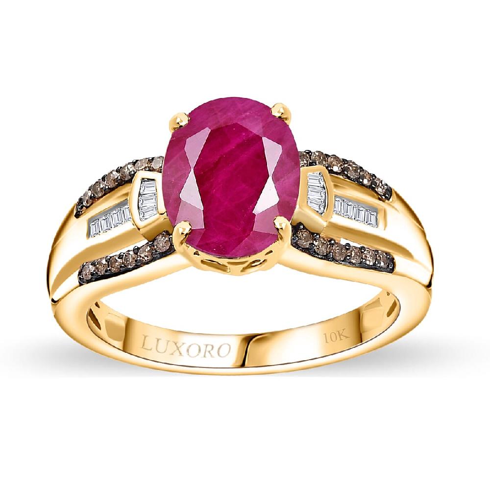 shop lc Luxoro Premium Montepuez Ruby and Natural Champagne and White Diamond 2.60 ctw Ring in 10K Yellow Gold