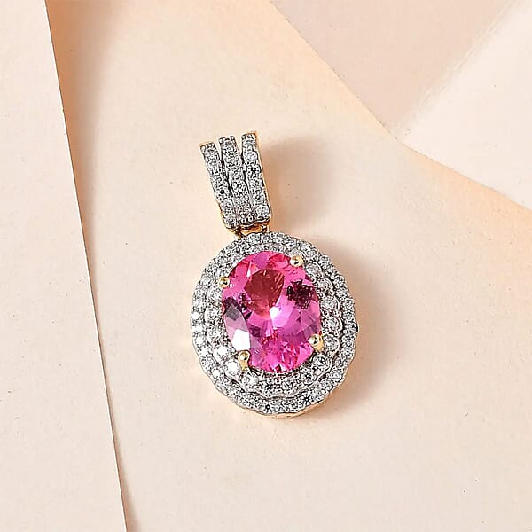 Shop Lc Luxoro Premium Natural Calabar Pink Tourmaline And Moissanite 2.35 Ctw Double Halo Pendant Without Chain In 10K Yellow Gold (Del. In 10-12 Days)