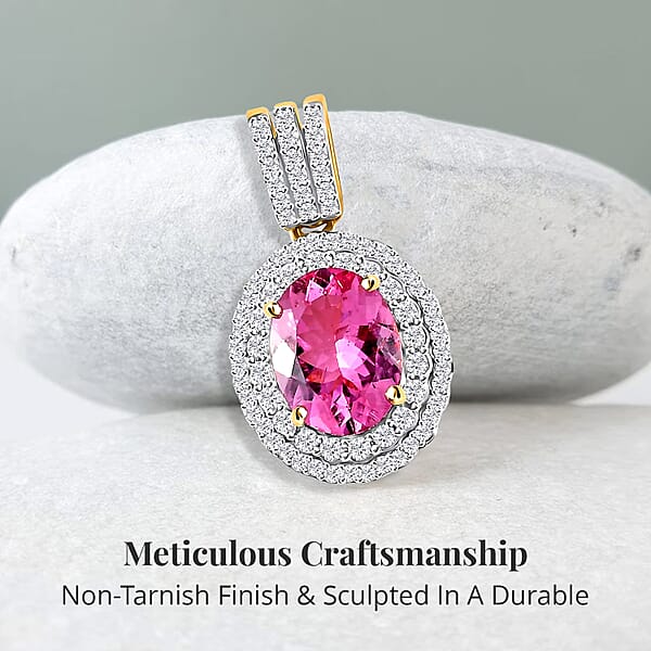 Shop Lc Luxoro Premium Natural Calabar Pink Tourmaline And Moissanite 2.35 Ctw Double Halo Pendant Without Chain In 10K Yellow Gold (Del. In 10-12 Days)