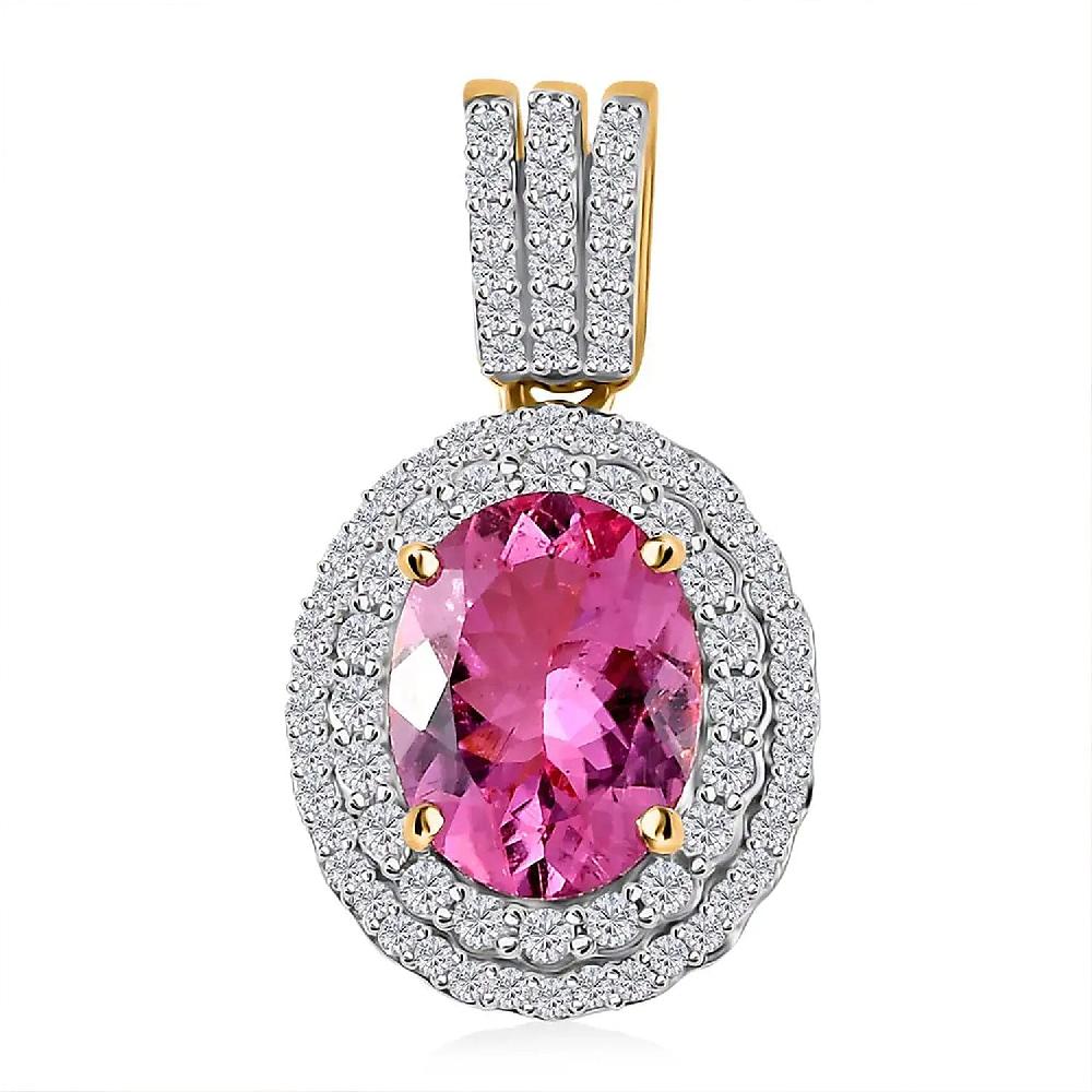 shop lc Luxoro Premium Natural Calabar Pink Tourmaline and Moissanite 2.35 ctw Double Halo Pendant without Chain in 10K Yellow Gold (Del. in 10-12 Days)