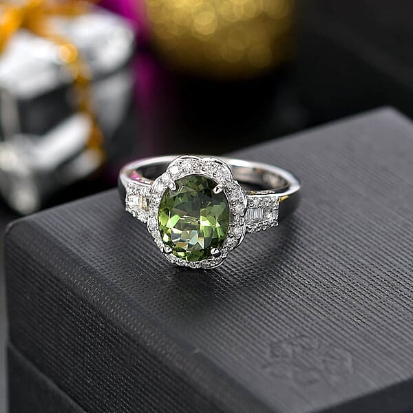 Shop Lc Luxoro Premium Natural Green Apatite And G-H I2 Diamond 3.15 Ctw Halo Ring In 10K White Gold