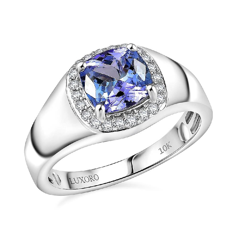 shop lc Luxoro Premium Peacock Tanzanite and Diamond I2 2.65 ctw Art Deco Men's Ring in 10K White Gold 5.30 Grams