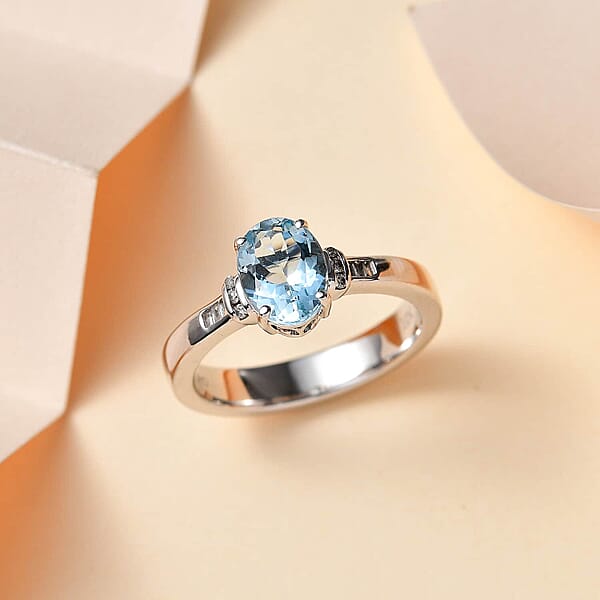 Shop Lc Luxoro Premium Santa Maria Aquamarine And G-H I2 Diamond 1.20 Ctw Statement Ring In 10K White Gold