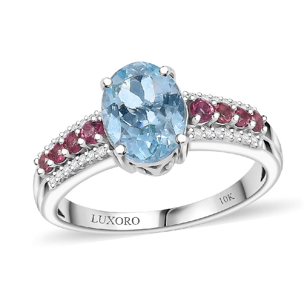 shop lc Luxoro Premium Santa Maria Aquamarine Ouro Fino Rubellite and G-H I2 Diamond 2.00 ctw Ring in 10K White Gold