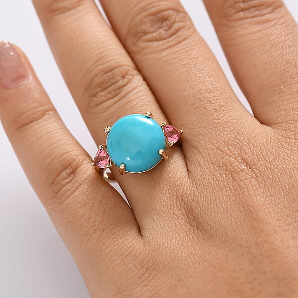 Shop Lc Luxoro Premium Sleeping Beauty Turquoise And Morro Redondo Pink Tourmaline 8.60 Ctw Sunset Reverie Ring In 10K Yellow Gold