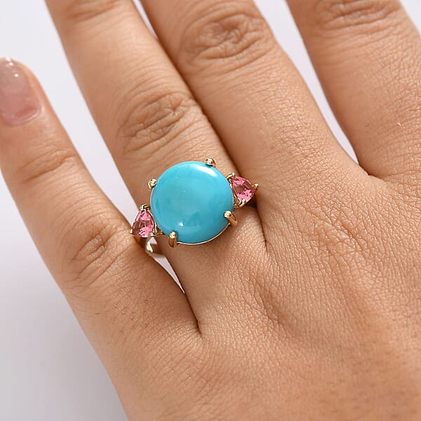Shop Lc Luxoro Premium Sleeping Beauty Turquoise And Morro Redondo Pink Tourmaline 8.60 Ctw Sunset Reverie Ring In 10K Yellow Gold