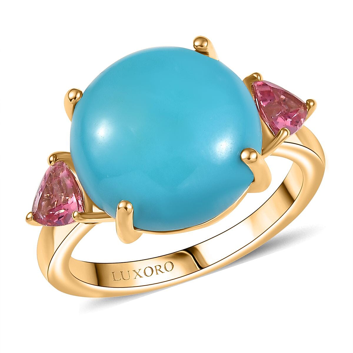 shop lc Luxoro Premium Sleeping Beauty Turquoise and Morro Redondo Pink Tourmaline 8.60 ctw Sunset Reverie Ring in 10K Yellow Gold