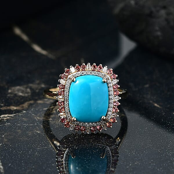 Shop Lc Luxoro Premium Sleeping Beauty Turquoise Padparadscha Sapphire And I2 Diamond 5.20 Ctw Sunset Empress Ring In 10K Yellow Gold