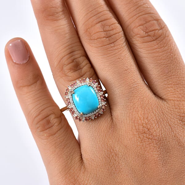 Shop Lc Luxoro Premium Sleeping Beauty Turquoise Padparadscha Sapphire And I2 Diamond 5.20 Ctw Sunset Empress Ring In 10K Yellow Gold